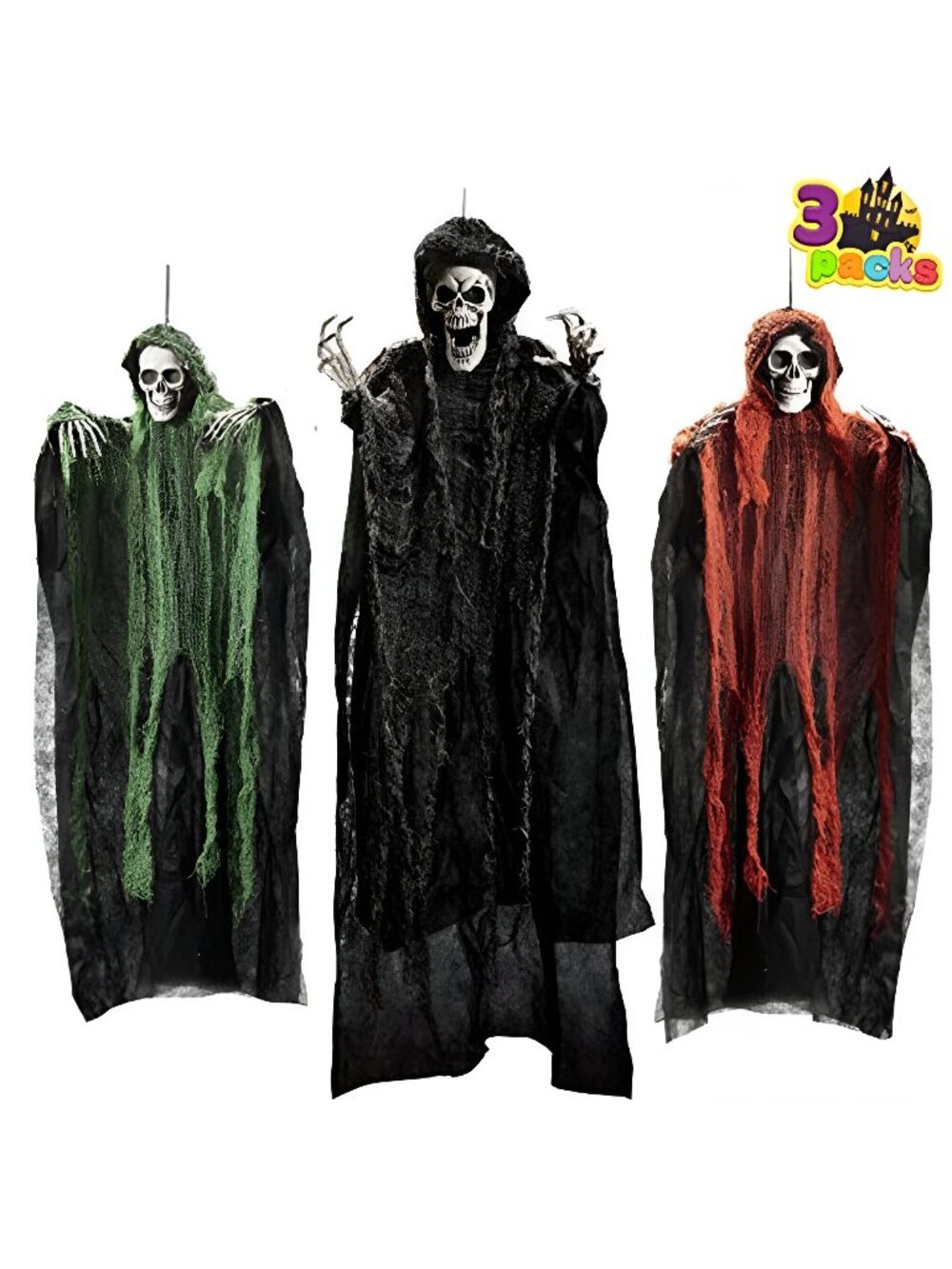 Halloween Hanging Grim Reapers (3 Pcs), One 47” and Two 35” Grim Reapers,